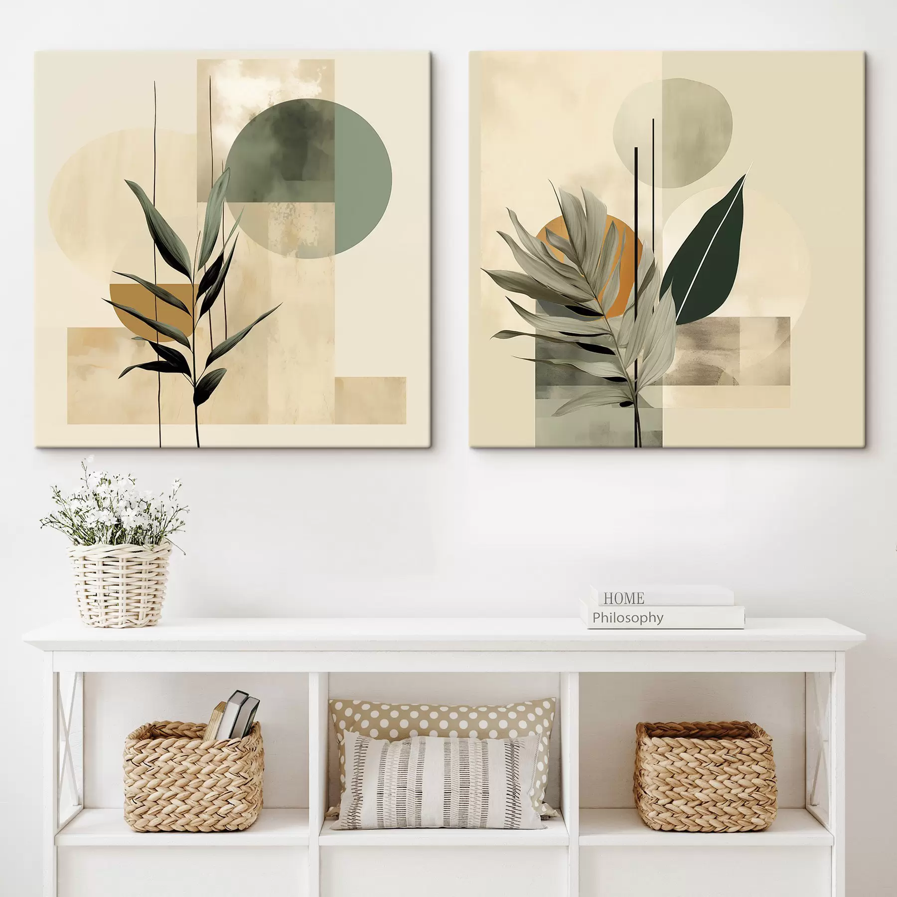 Glezna Tumši zaļš augs ar abstraktām ģeometriskām formām un akvareļtekstūrām smilškrāsā un zaļā tonī m30209