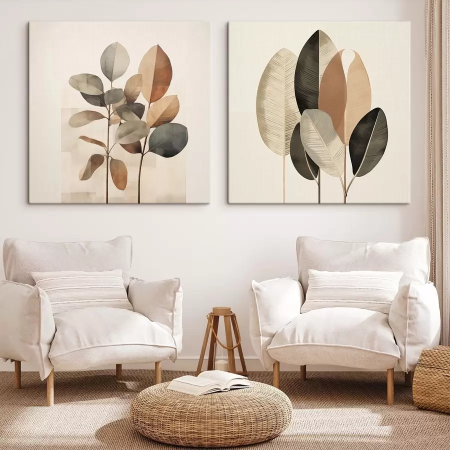 Fototapetes Augsti augi ar ovālām lapām klusinātos toņos un abstraktām taisnstūra formām m30211