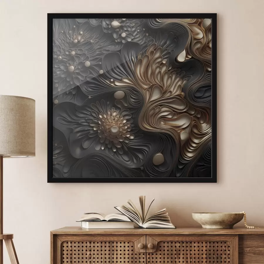 Fototapetes Abstraktas, plūstošas, organiski veidotas tumšas formas, kas veido faktūru bagātu modernās mākslas darbu f48384