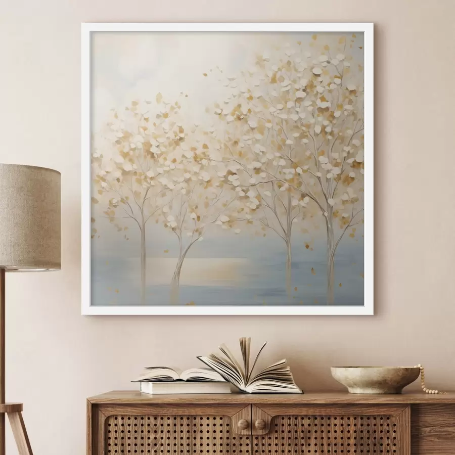 Fototapetes Teksturēts glezniecības stils, kurā attēloti koki ar baltām un dzeltenām lapām uz gaiši zila fona f48392