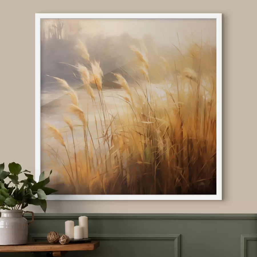 Fototapetes Priekšplānā augsta, sausa zāle ar vārpiņām, fonā – ezers un koki f48394