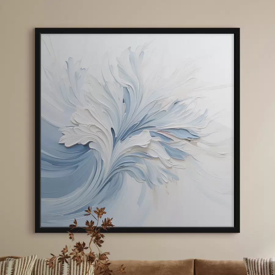Fototapetes Balta un gaiši zila abstraktā ziedu kompozīcija ar faktūru ziedlapām un virpuļojošām līnijām f48395