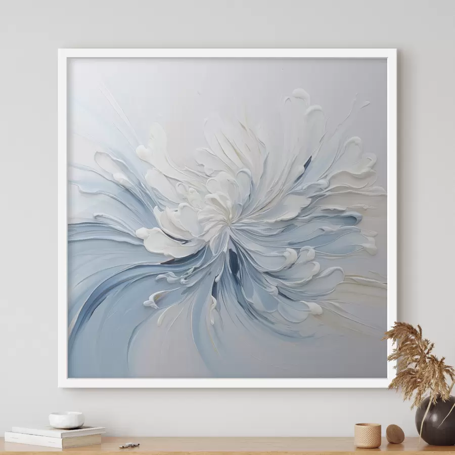 Fototapetes Balta un gaiši zila abstraktā ziedu kompozīcija ar faktūru ziedlapām un virpuļojošām līnijām f48396