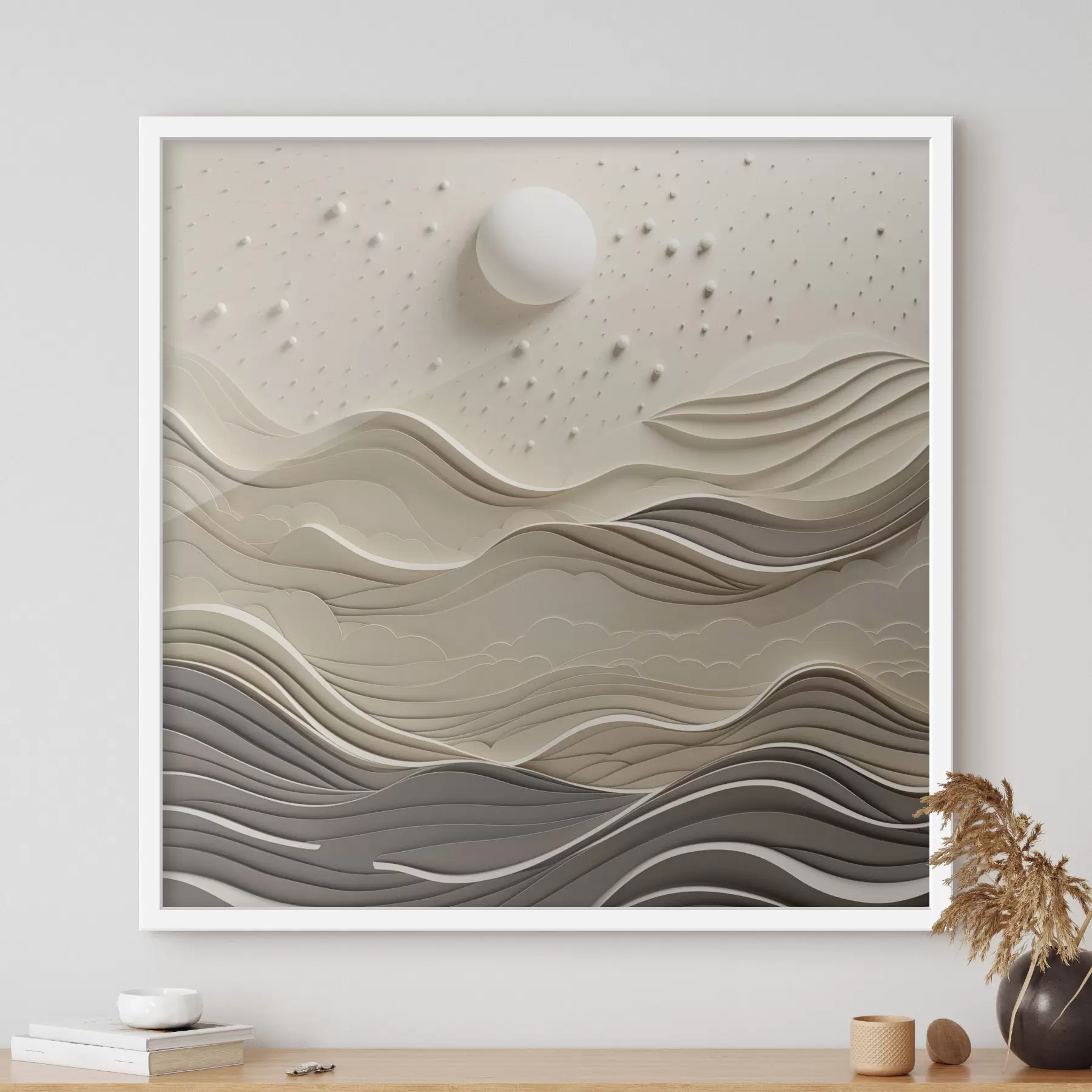 Fototapetes Minimālisma stilā veidots ainavas attēls ar līdzenām pakalnu grēdām un lielu mēnesi zvaigžņotā debesīs, abstraktā māksla f48402