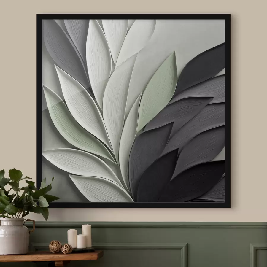 Fototapetes Abstrakta stilizētu lapu kompozīcija pelēkā, baltā un klusināti zaļā toņos f48411