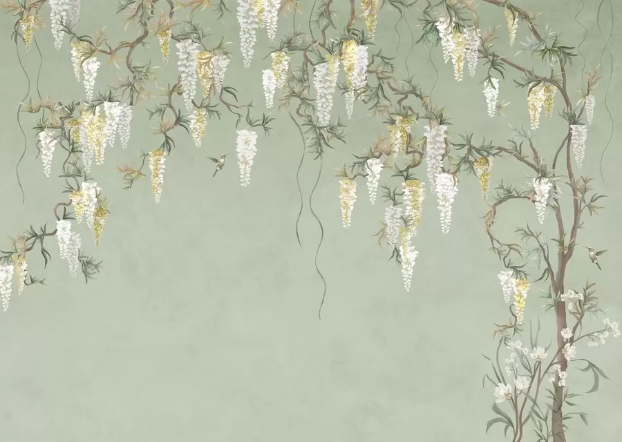 Fototapetes Ziedošas zaras ar baltiem ziediem un putniem uz zaļā fona w05394