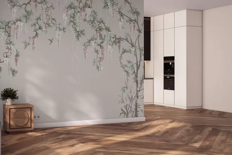 Fototapetes Ziedošas zaras ar rozā ziediem un putniem w05394v1