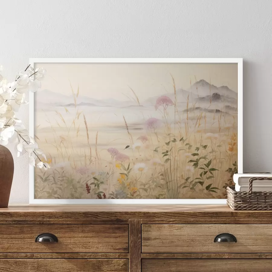 Fototapetes Bēša ziedu lauks, pļavas zāle, maigs ainavas skats f48480