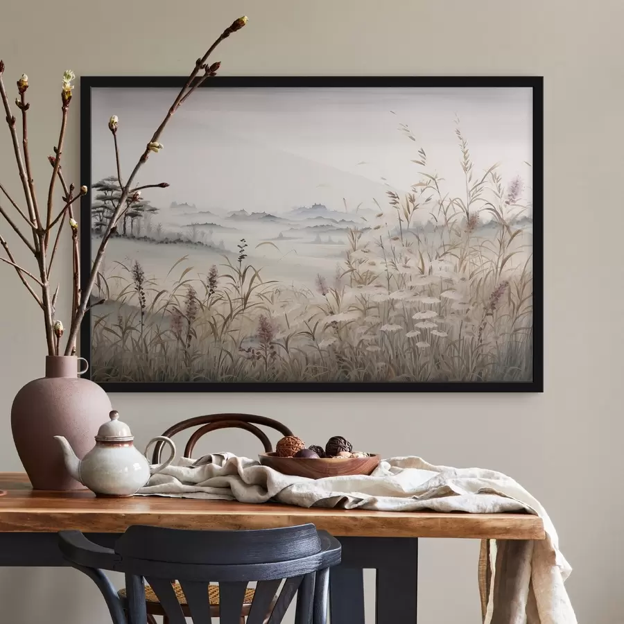 Fototapetes Miglas apklāts ainavas skats ar zāli f48481