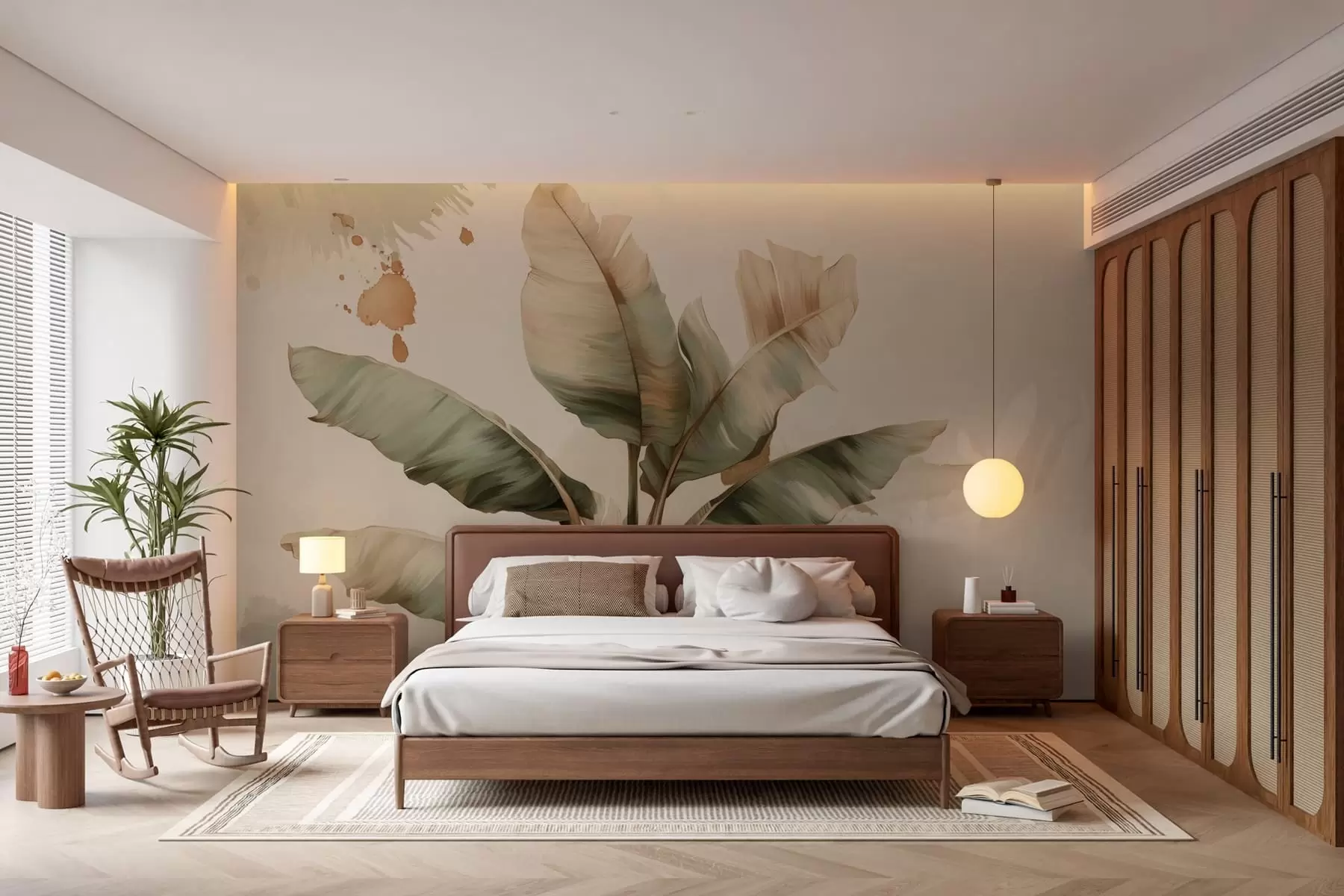 Fototapetes liels, gleznains banānu lapu klāsts ar retro stilā veidotiem krāsu plankumiem  w05384