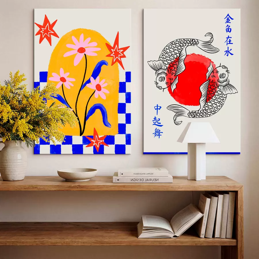 Glezna Divdaļīgs darbs ar kaķi un divām zivīm sarkanos un baltos toņos m30235