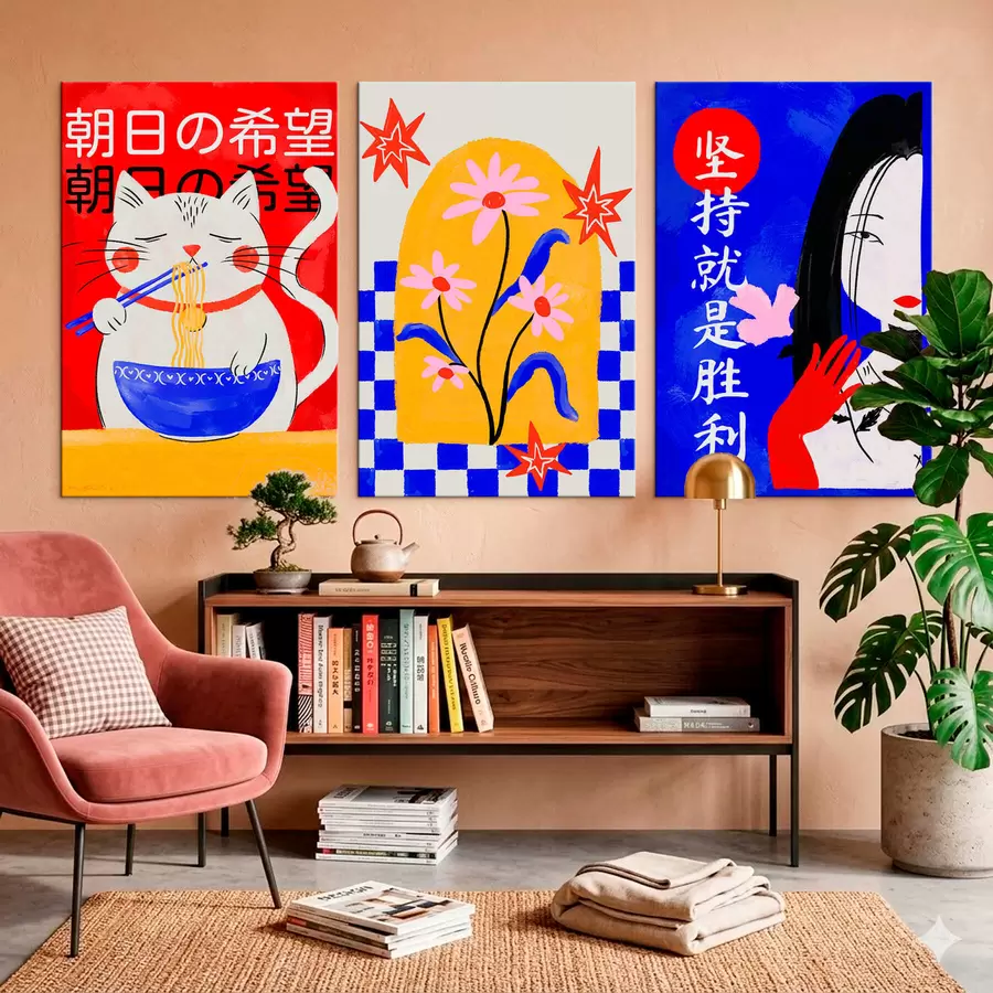 Glezna Triptihs ar kaķi, zivi un sievietes portretu m30240