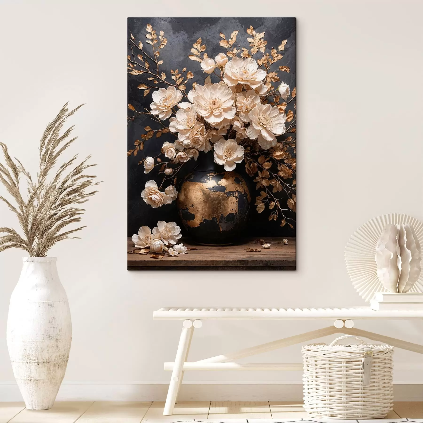 Glezna Gaiši ziedi vāzē ar dekoratīvām lapām s48356