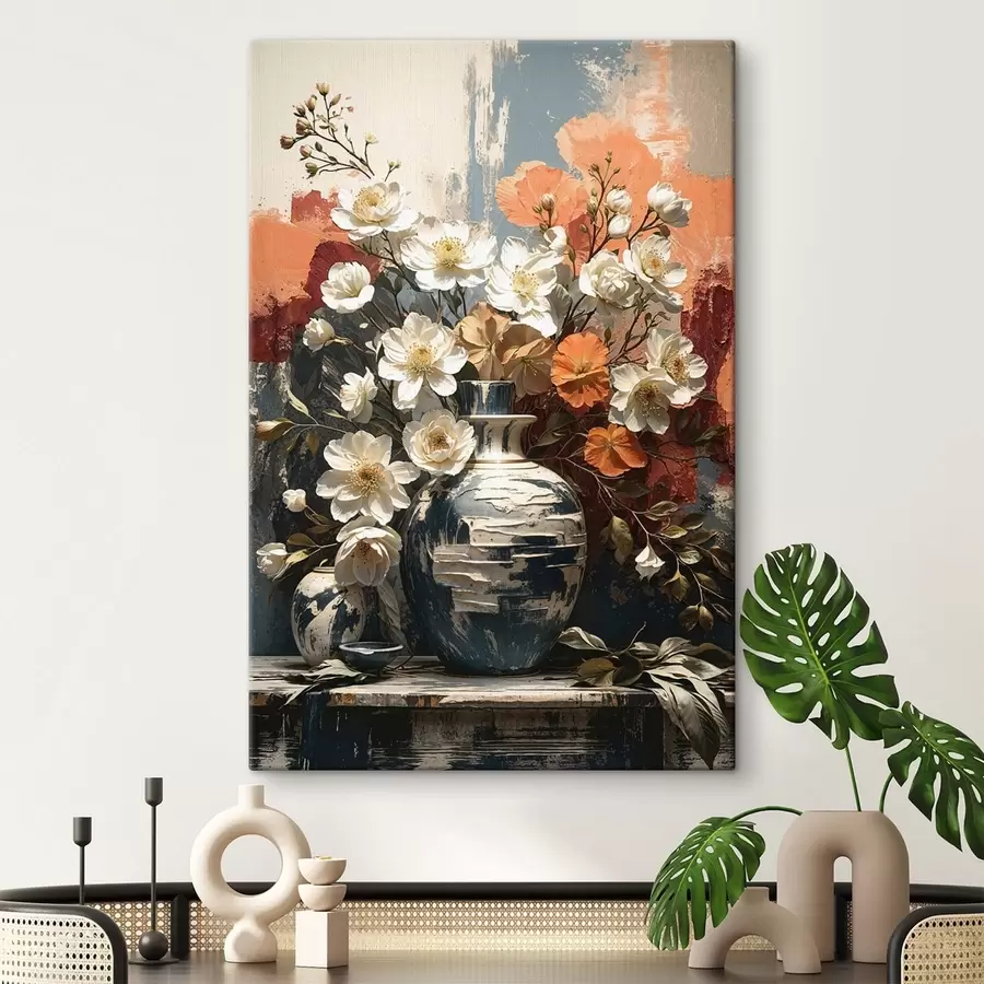 Glezna Ziedi vāzēs uz faktūrsienas fona s48360