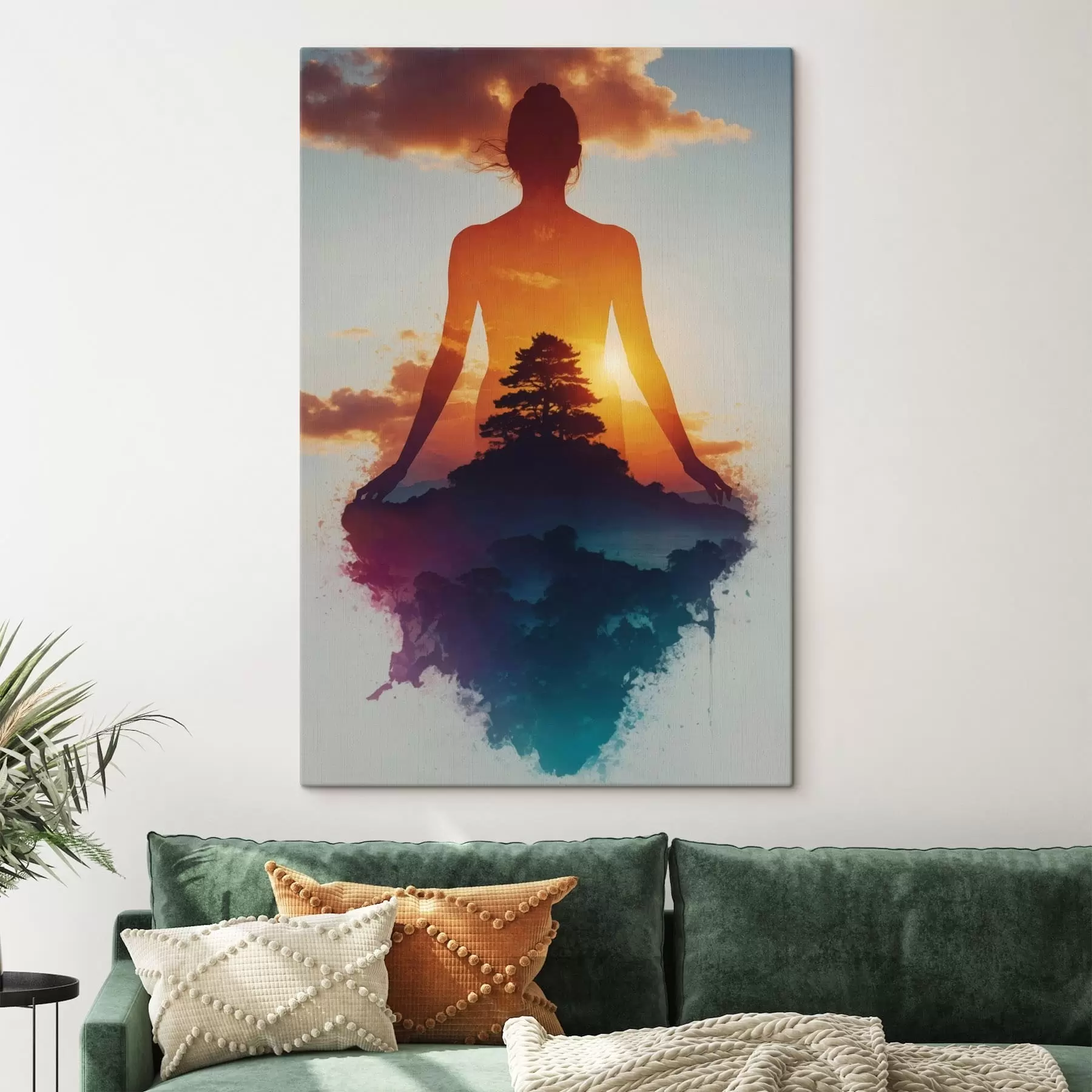 Glezna Cilvēka siluets ar saulrieta ainavu fonā s48364