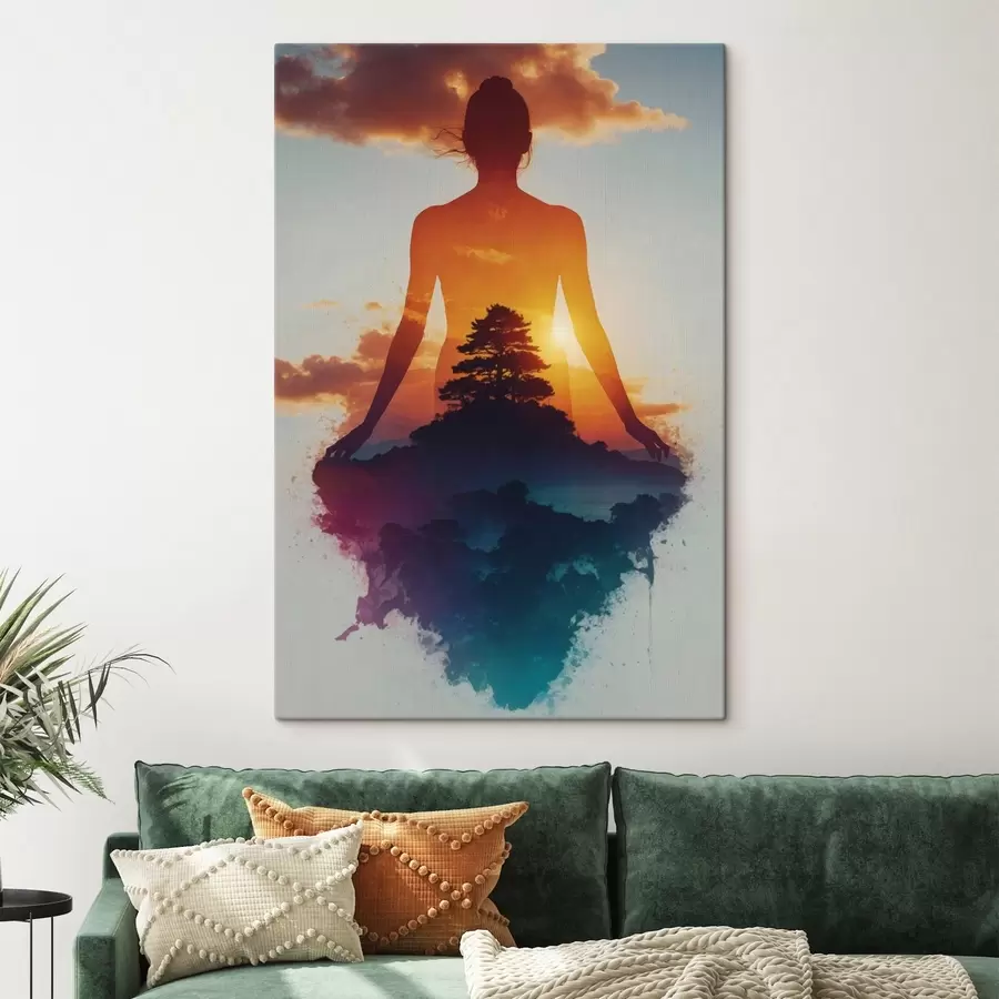 Glezna Cilvēka siluets ar saulrieta ainavu fonā s48364