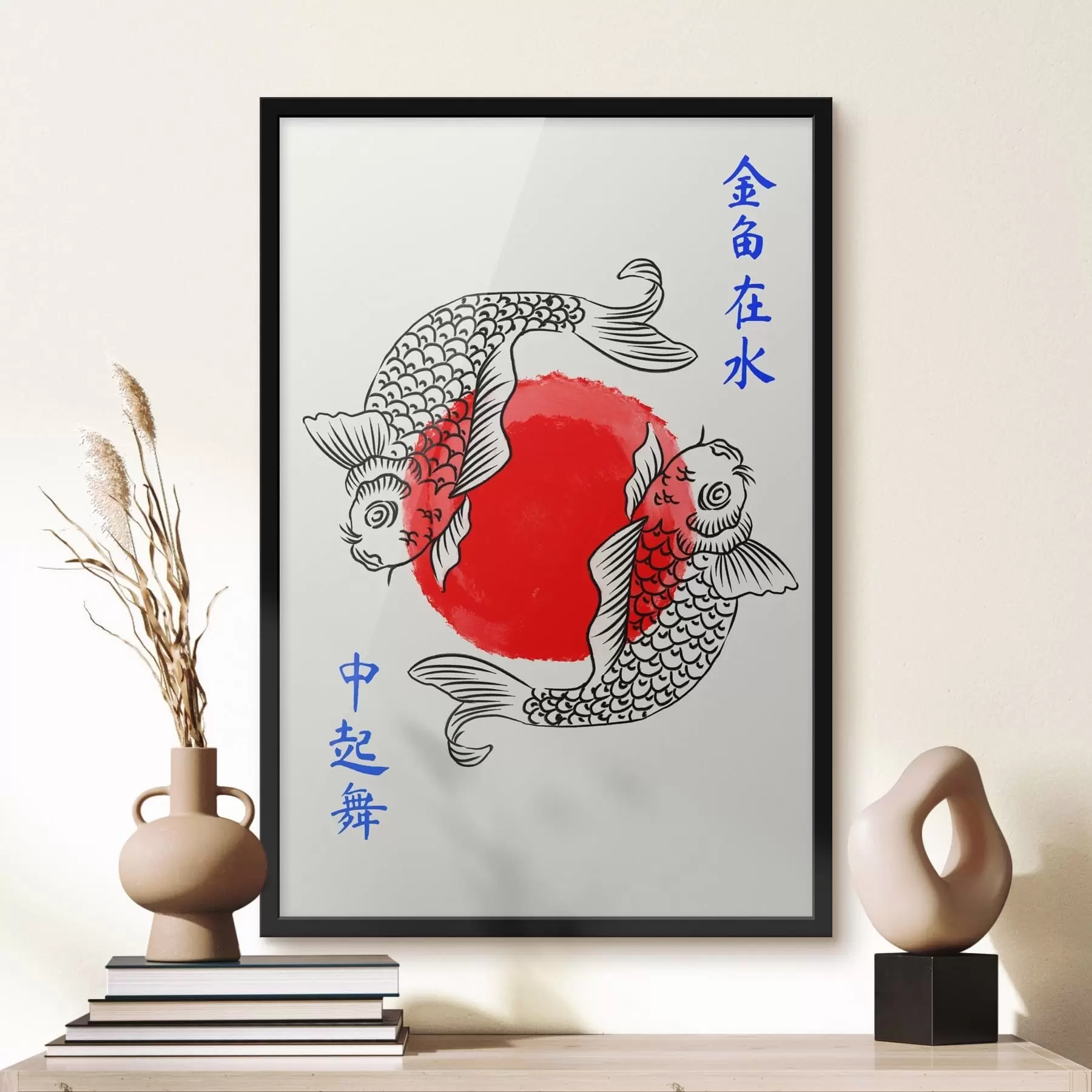 Fototapetes Divas dekoratīvas zivis ap sarkanu apli f48033