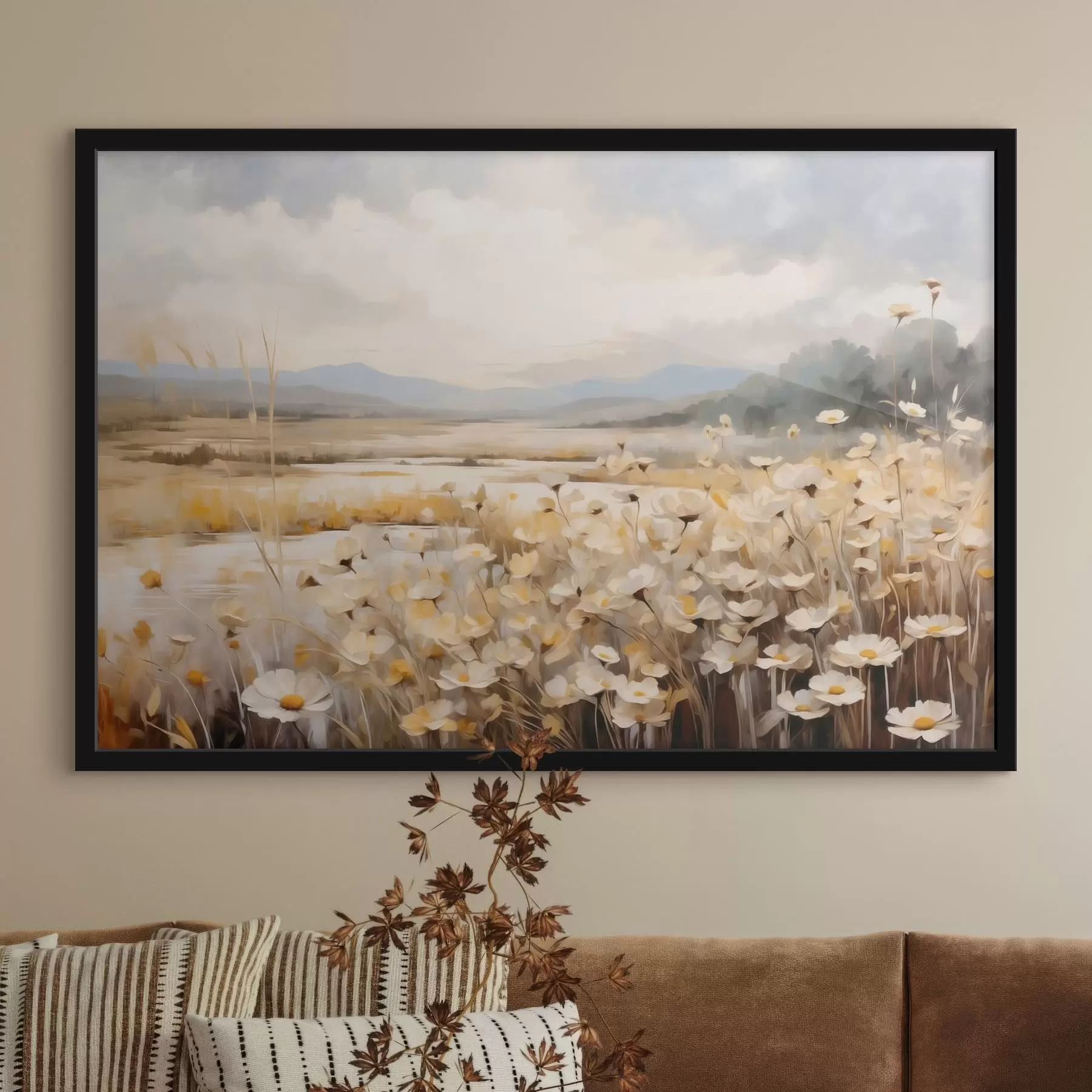 Fototapetes Lauku ziedi pie ūdens maigā gleznieciskā stilā f48354