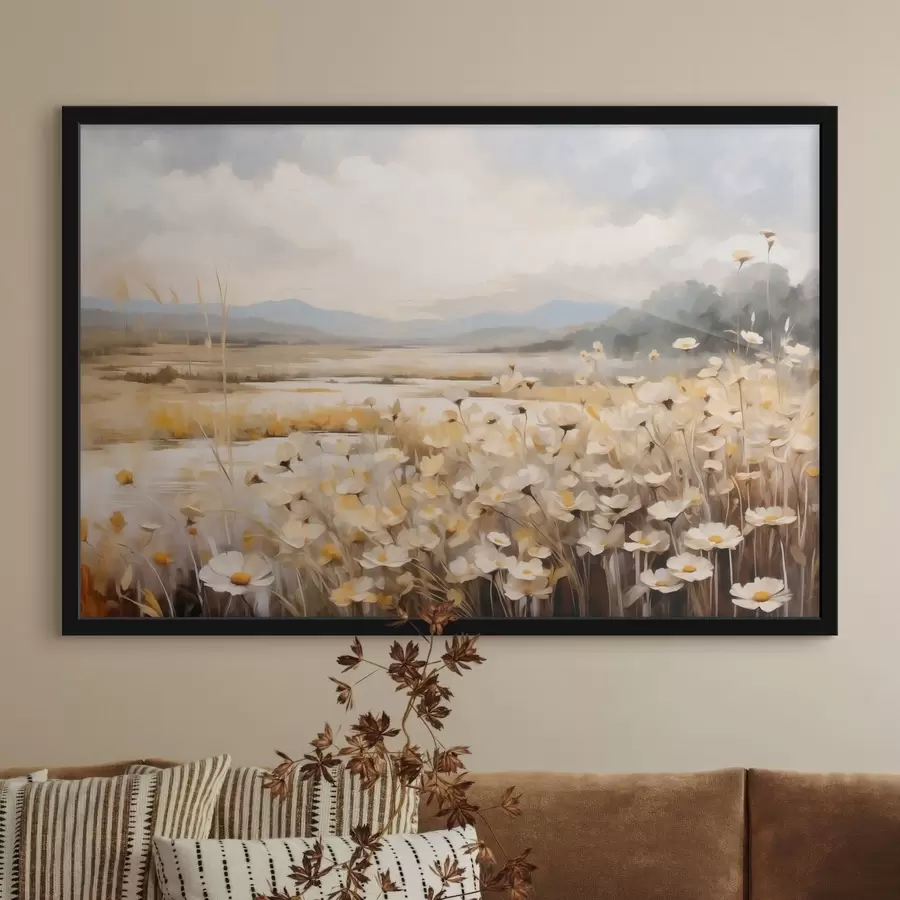 Fototapetes Lauku ziedi pie ūdens maigā gleznieciskā stilā f48354