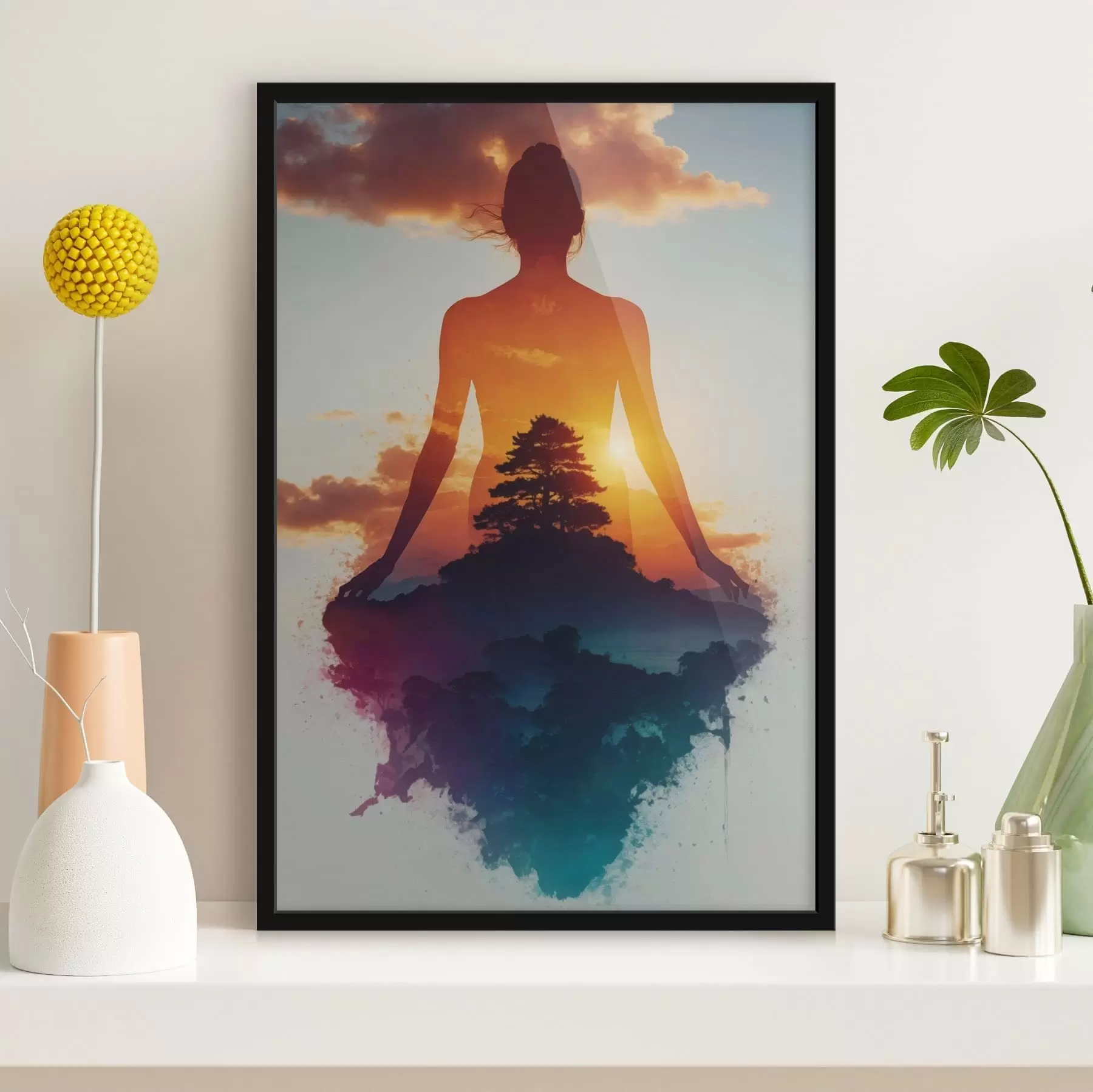 Fototapetes Cilvēka siluets ar saulrieta ainavu fonā f48364