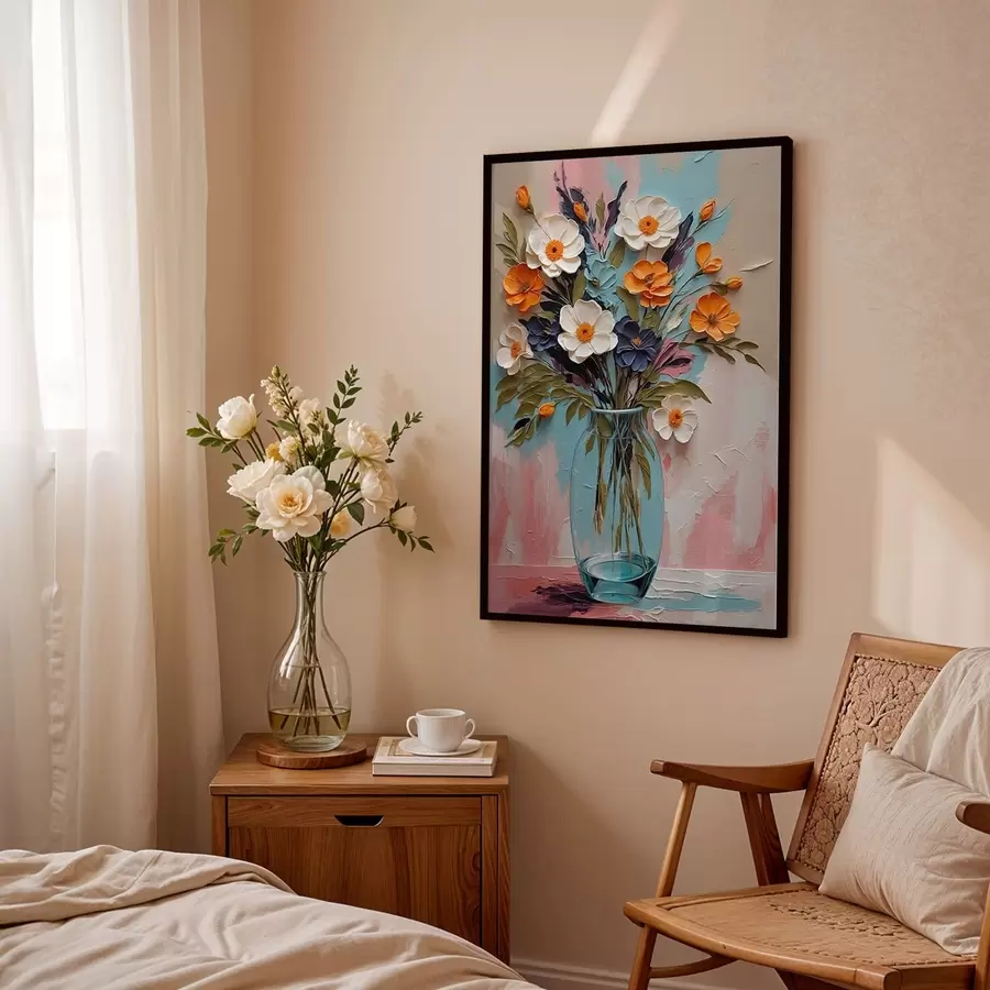 Fototapetes Ziedu pušķis stikla vāzē uz krāsainā fona f48488