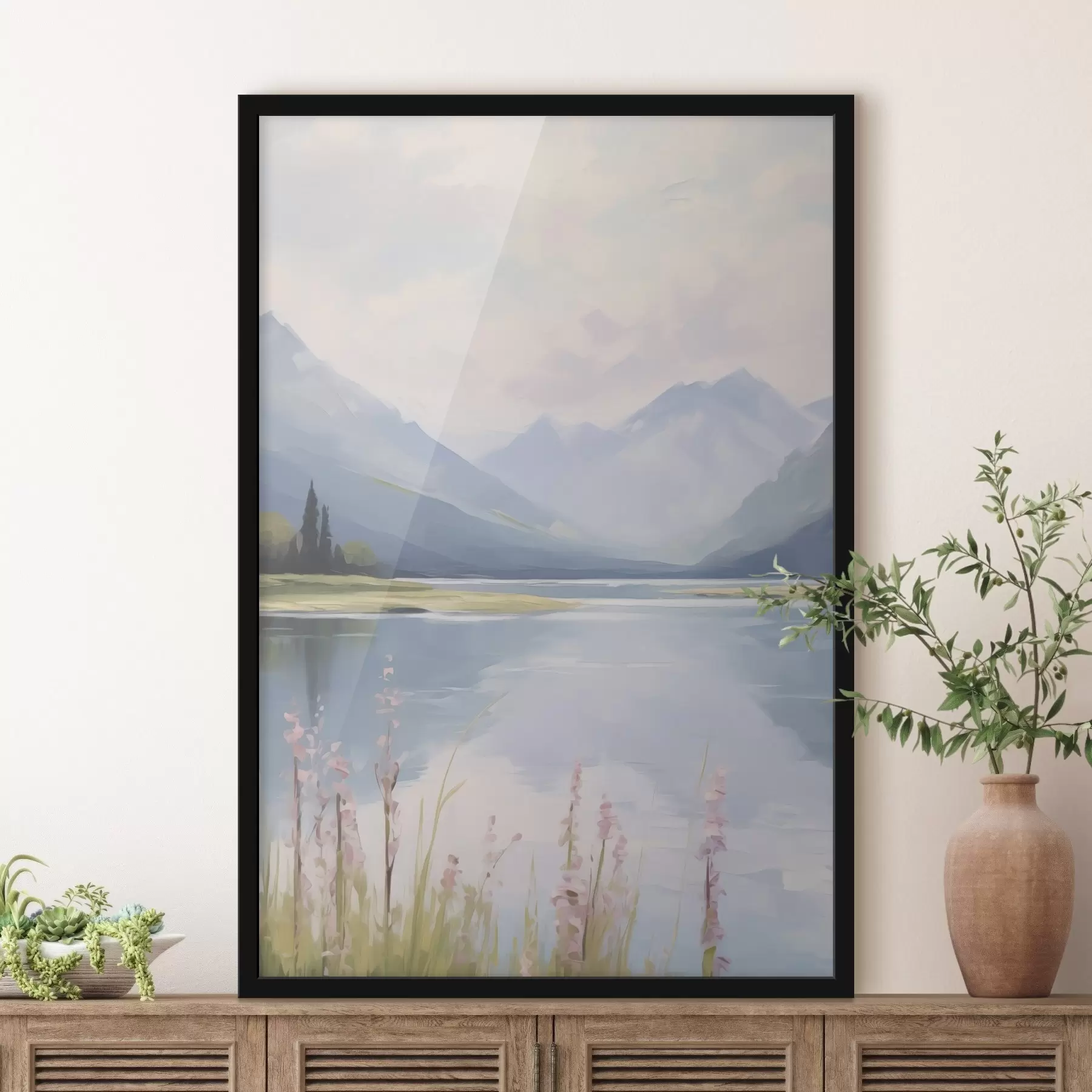 Fototapetes Ezers pie kalniem imitācija glezniecības f48503