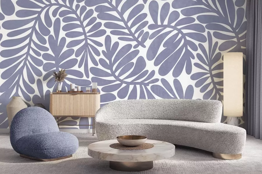 Fototapetes Stilizētas gaiši zilas lapas uz gaiša fona, teksturēts mākslas darbs w09775v1