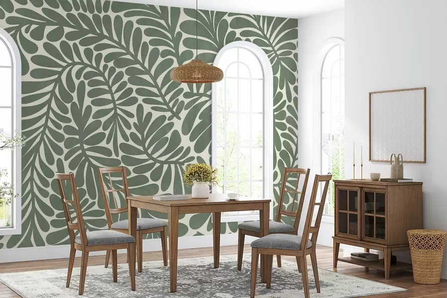 Fototapetes Stilizētas zaļas lapas uz gaiša fona, teksturēts mākslas darbs w09775v2