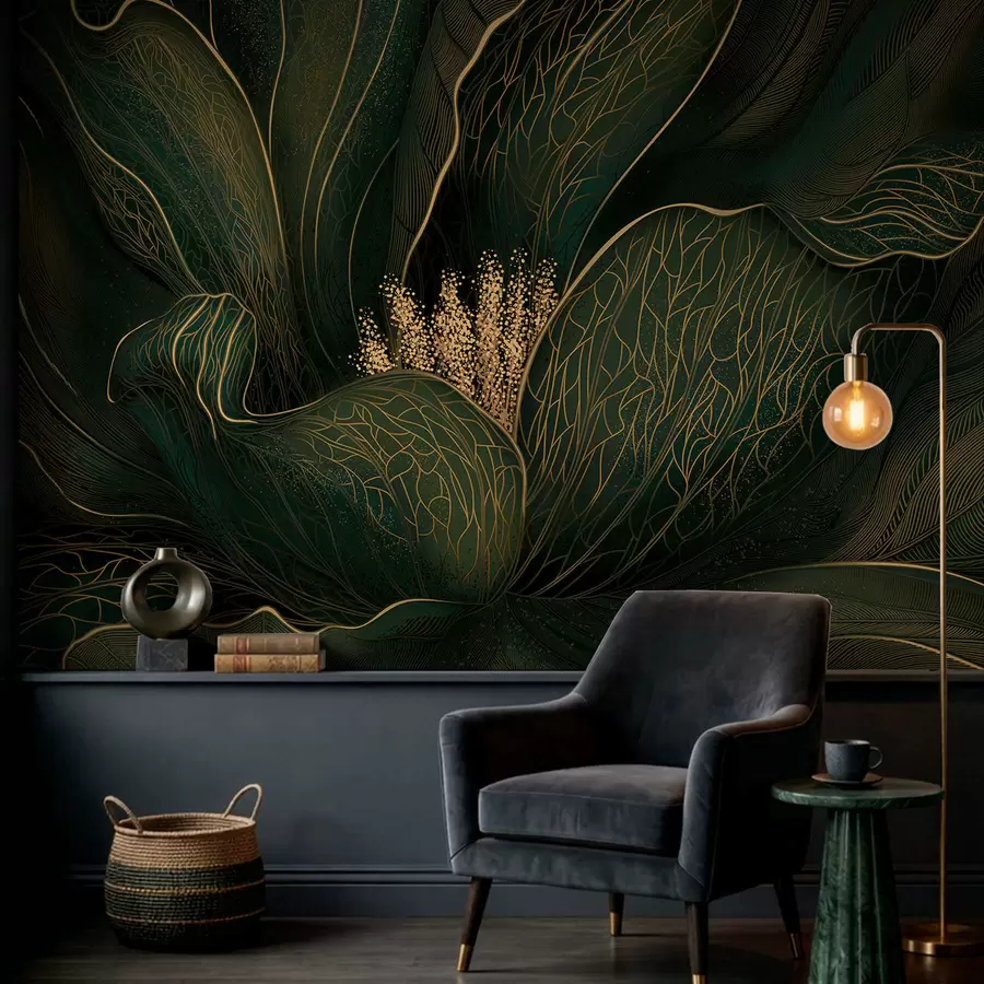 Fototapetes Tumši zaļa abstraktā zieda attēls ar smalkām līnijām w05119v1