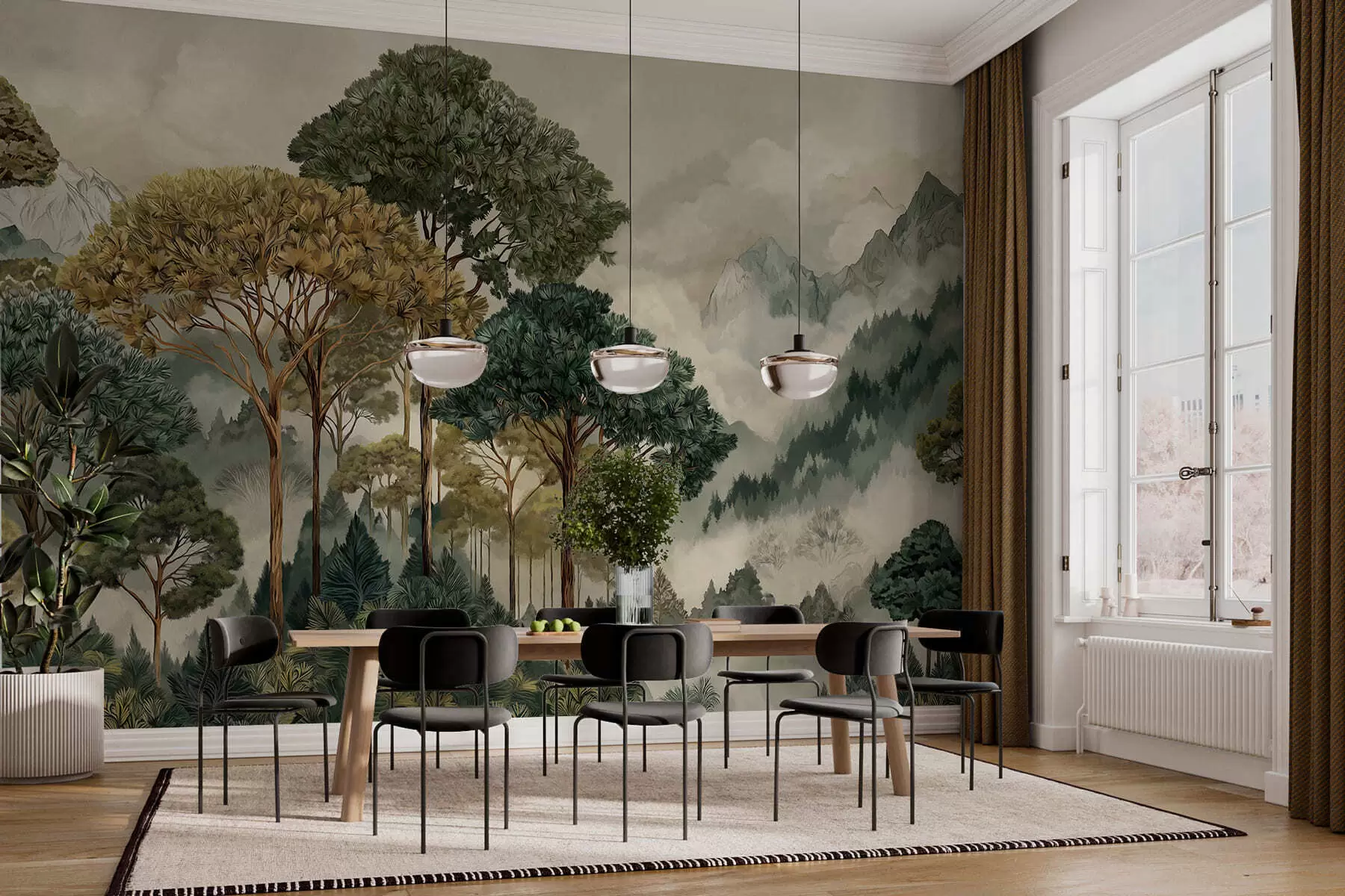 Fototapetes Mežs ar augstiem kokiem miglas apklātos kalnos w05410