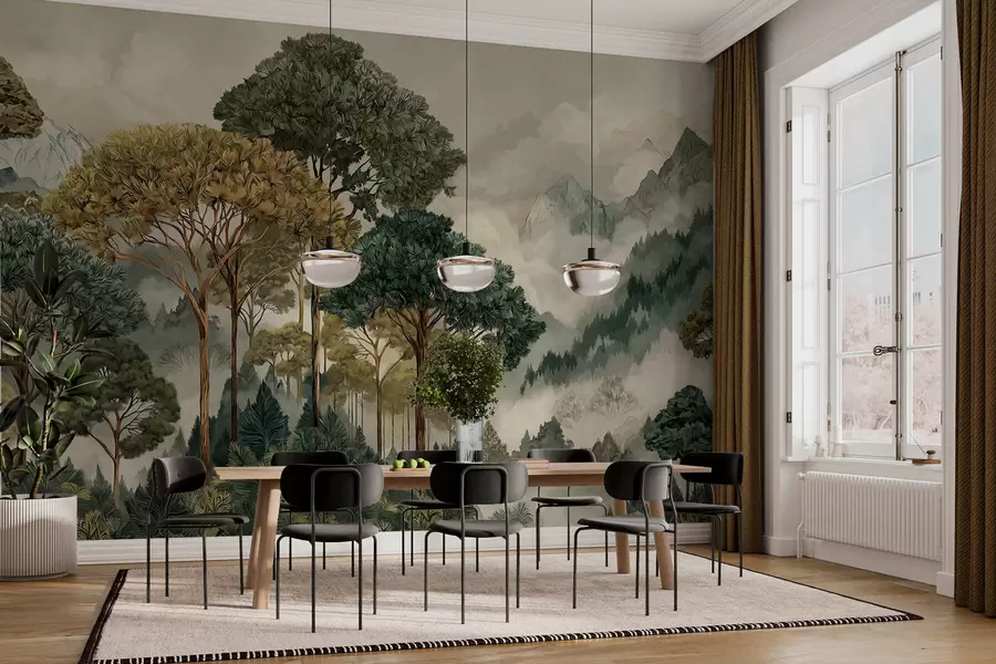 Fototapetes Mežs ar augstiem kokiem miglas apklātos kalnos w05410