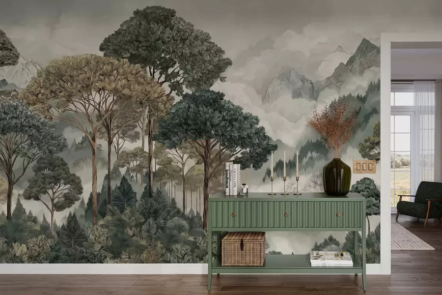 Fototapetes Kalnu ainava ar mežu maigās krāsās w05410v1