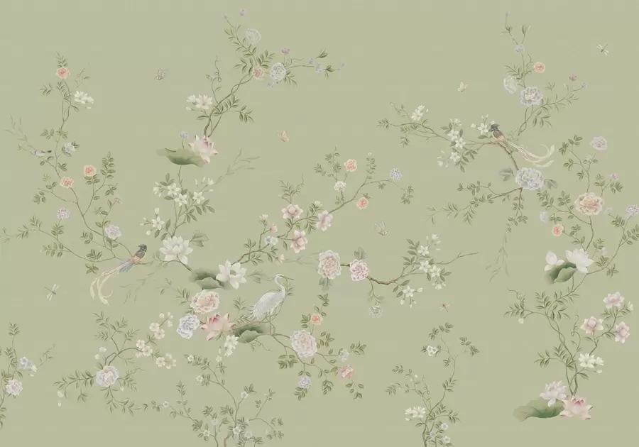 Fototapetes Ziedošas zaras ar putniem uz gaiši zaļā fona w05416
