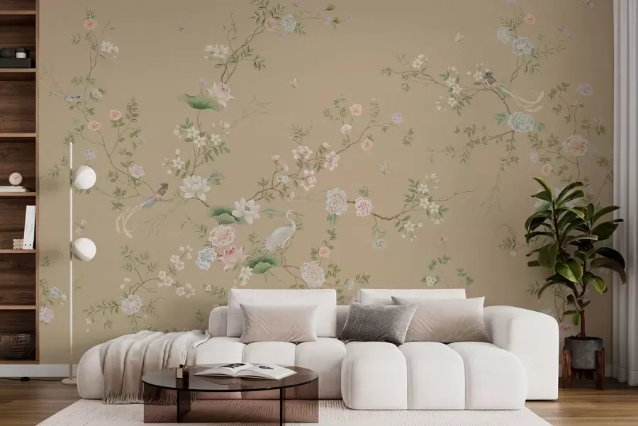 Fototapetes Ziedošas zaras ar putniem uz siltā smilškrāsas fona w05416v2