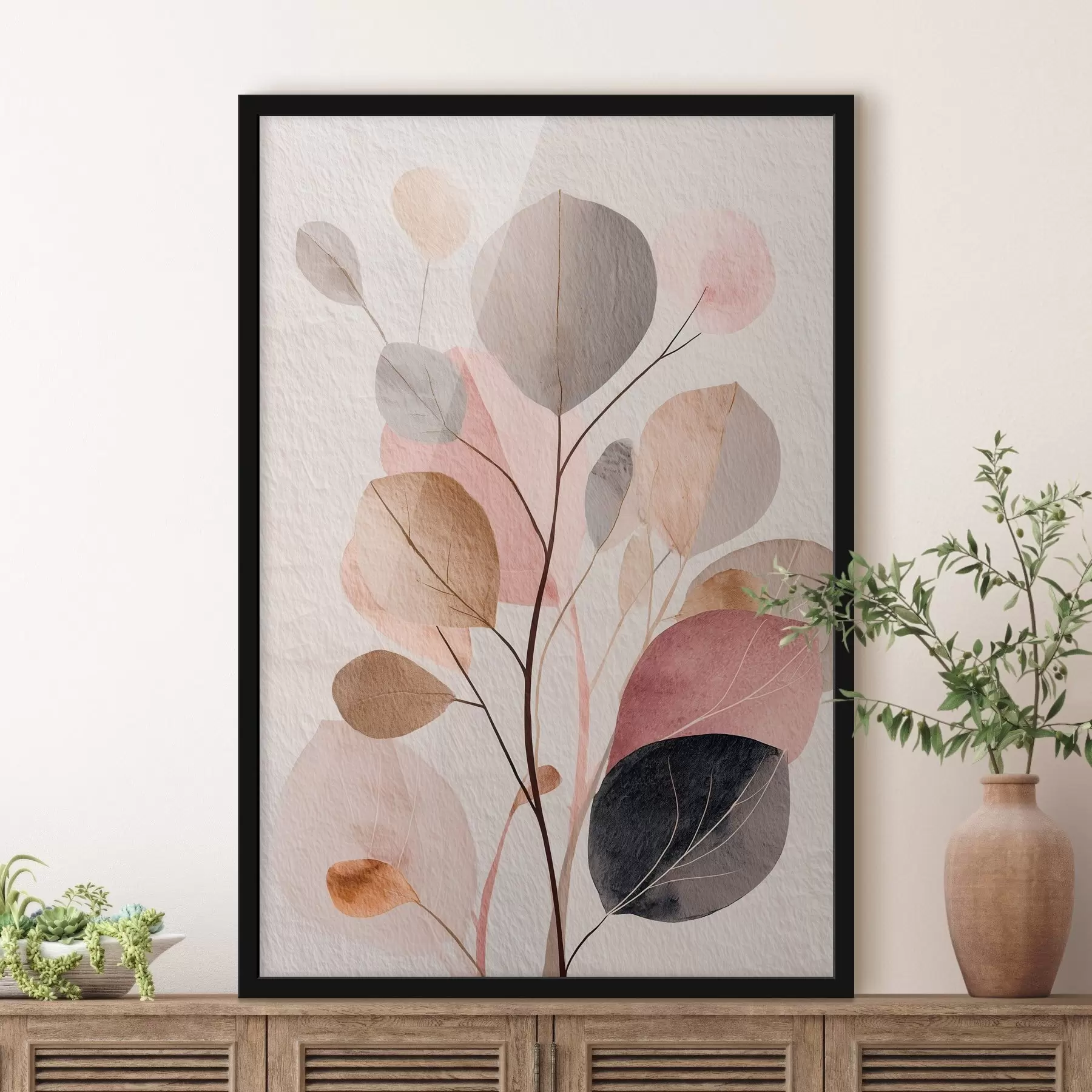 Fototapetes Abstrakta zaru kompozīcija ar apaļām lapām siltos smilškrāsas un koraļļu toņos f48187