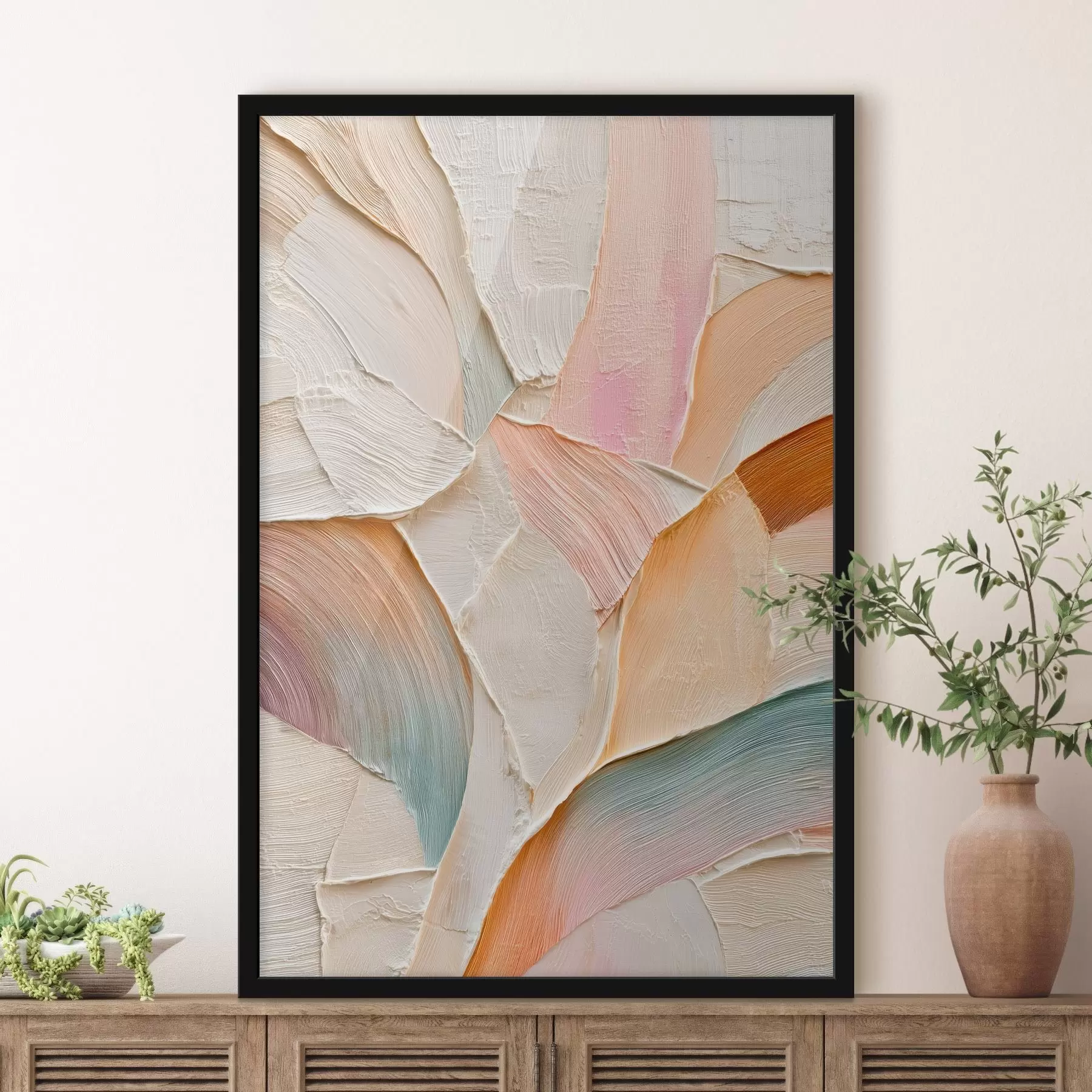 Fototapetes Abstrakts fons ar dinamiskām otu triepienu līnijām persiku un zilo toņu gammas krāsās f48202