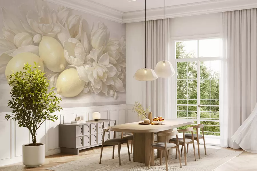 Fototapetes Maigs ziedu buķete ar citroniem w05449