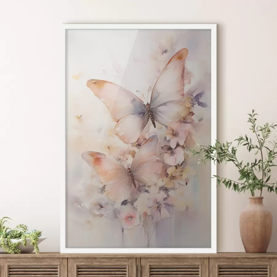 Fototapetes Maigi ziedi ar tauriņiem, pasteļtoņos f48563