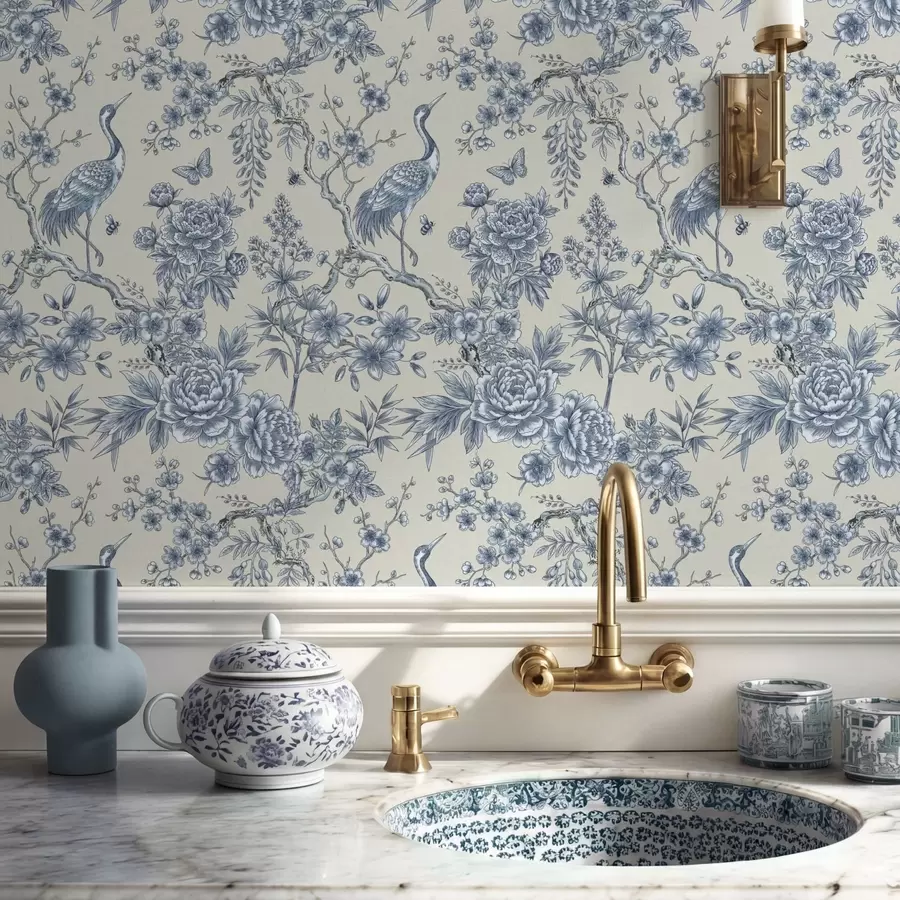 Fototapetes Zils ziedu raksts ar putnu un zariem a01132