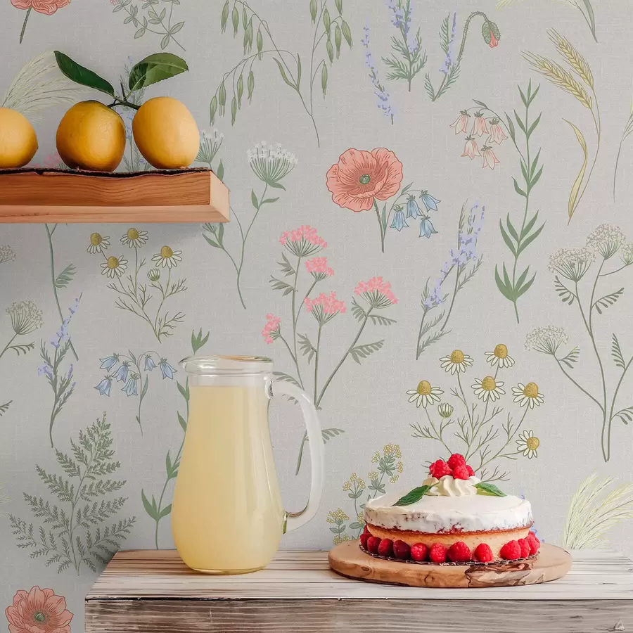 Fototapetes Maigs savvaļas ziedu raksts uz gaiša fona a01152