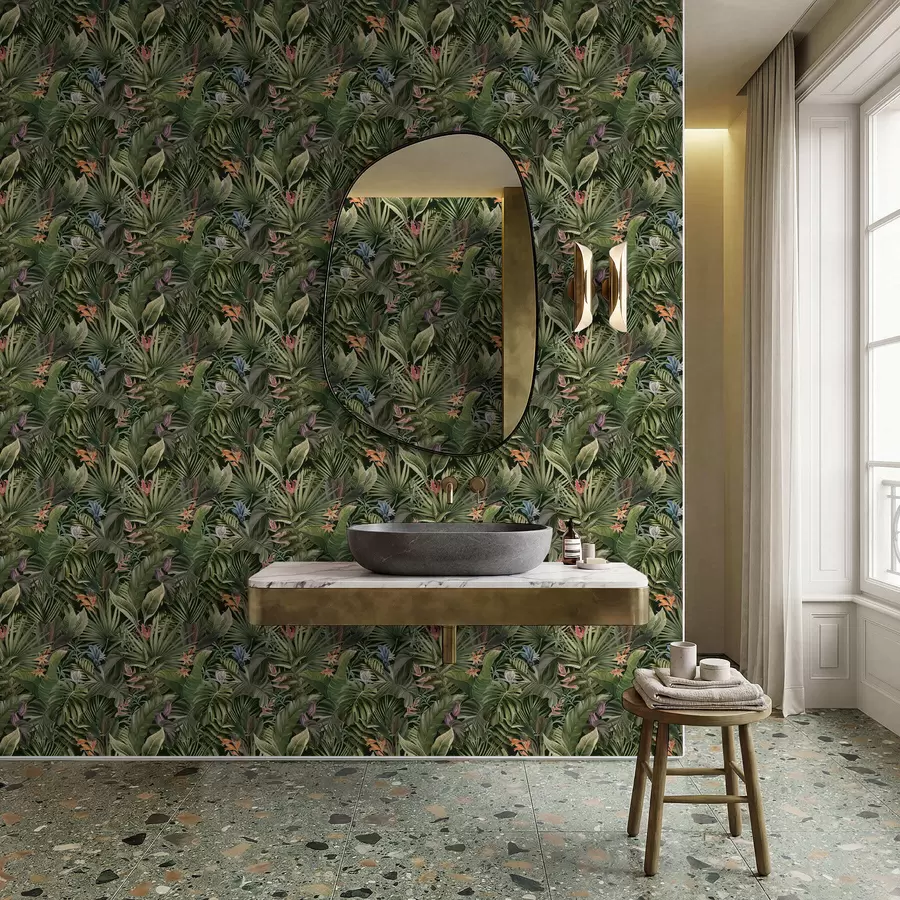 Fototapetes Tropu lapas ar ziediem uz tumša fona a01153