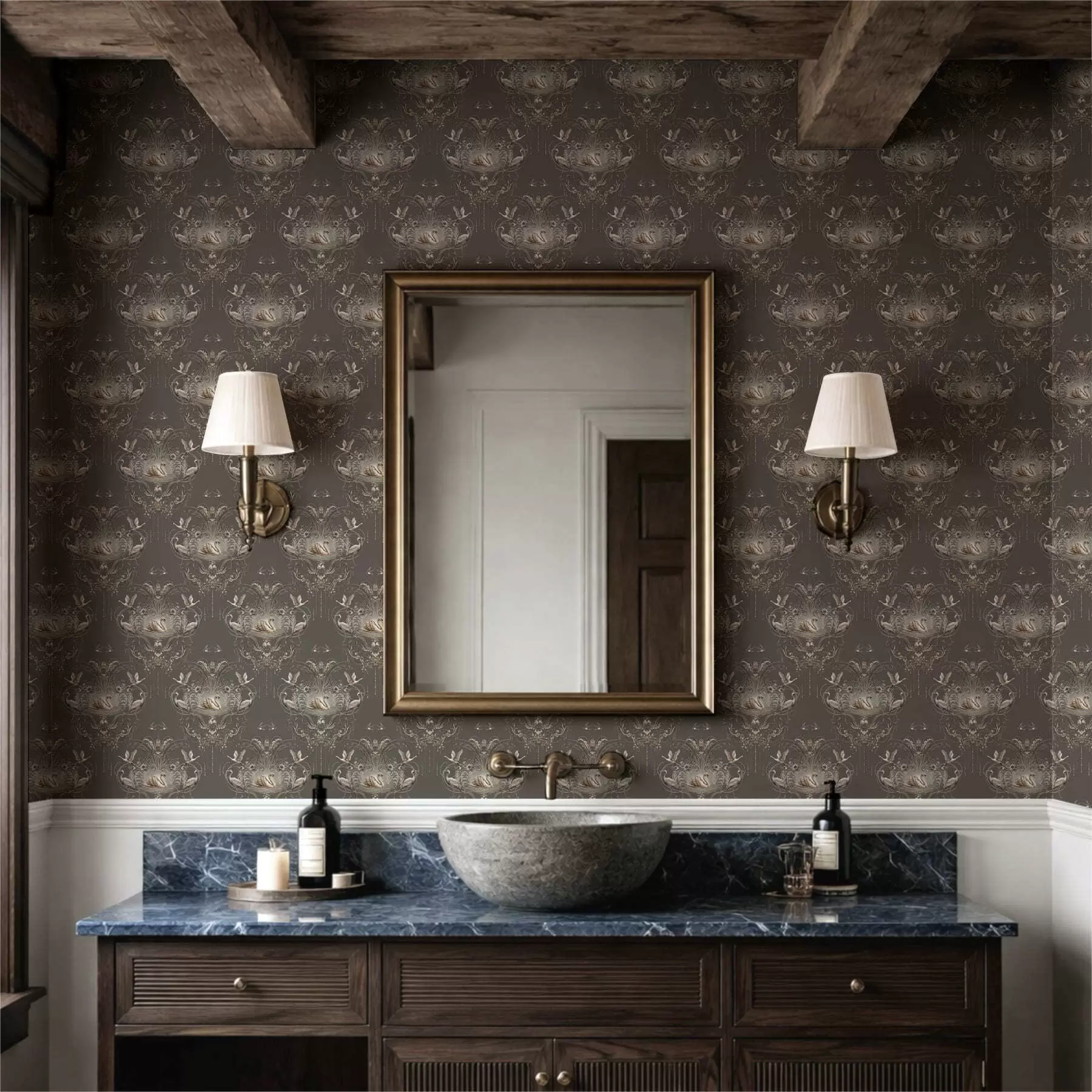 Fototapetes Dekoratīvs elements ar gulbjiem un putniem klasiskā stilā a01161