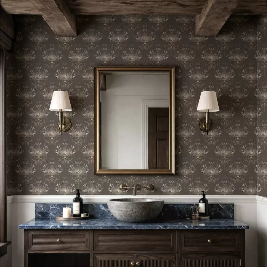 Fototapetes Dekoratīvs elements ar gulbjiem un putniem klasiskā stilā a01161