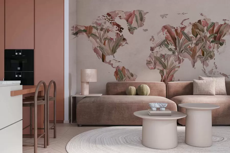 Fototapetes Rozā pasaules karte, kas izgatavota no banānu lapām c00007v2