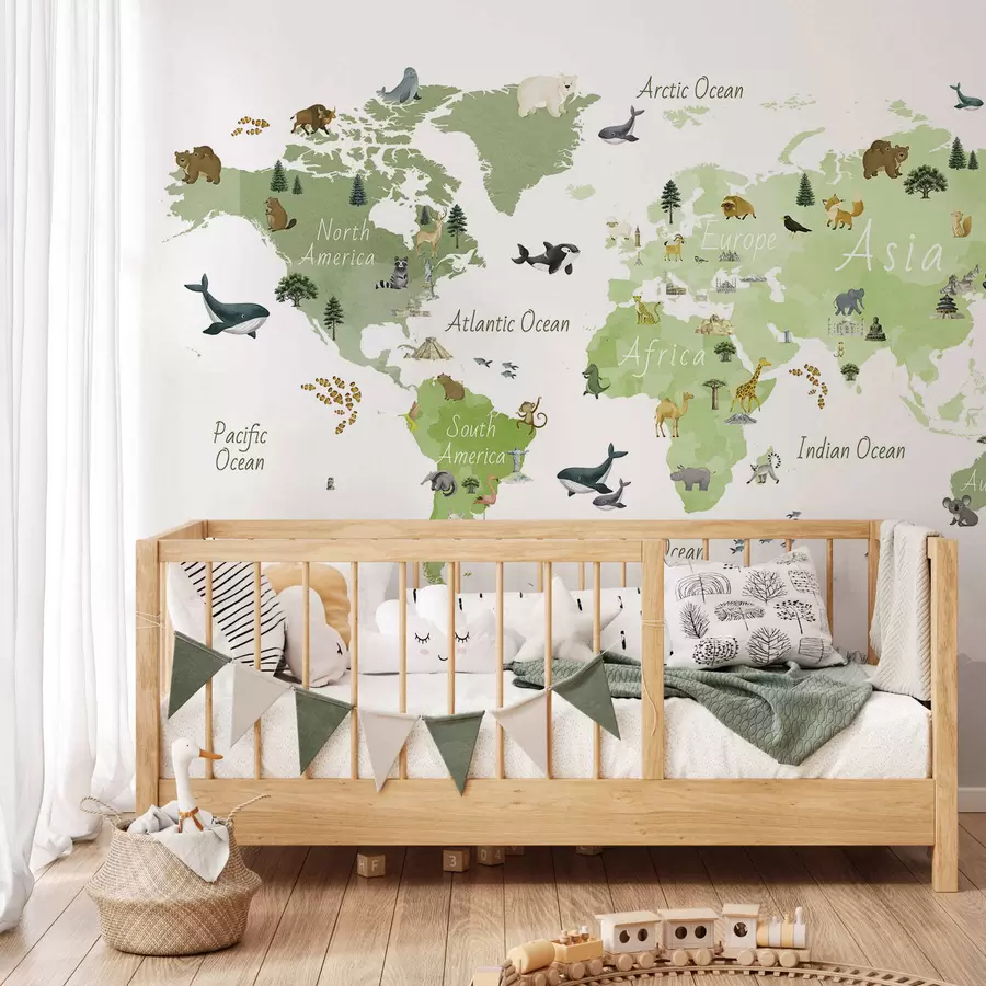 Fototapetes Akvareļa stilā veidota zaļā karte, kurā attēloti dzīvnieki, augi un arhitektūra. Uzraksti angļu valodā c00009env2