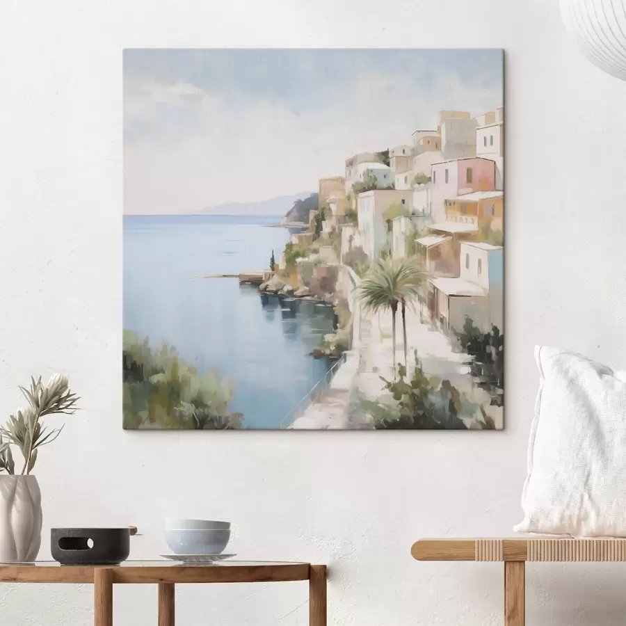 Glezna Jūras piekrastes pilsētas ainava, glezniecības imitācija s48674