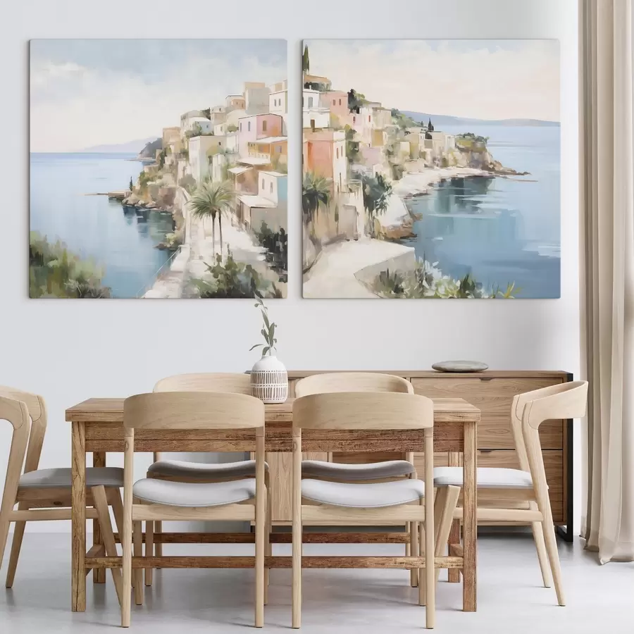 Glezna Jūras piekrastes pilsētas ainava, glezniecības imitācija m30295