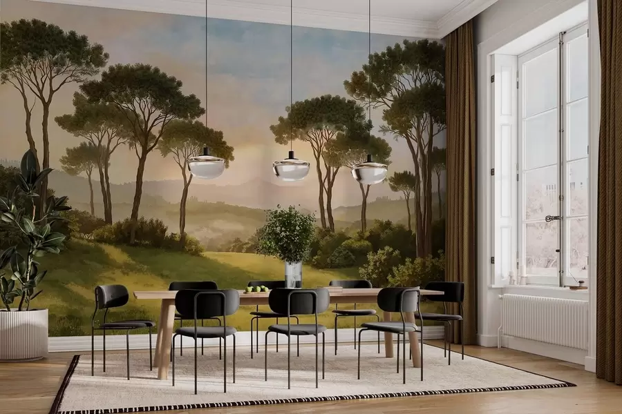 Fototapetes Ainava ar kokiem siltā saulrieta gaismā w05122