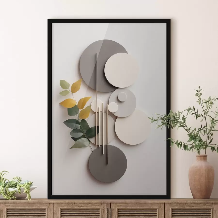 Fototapetes Ģeometriski apļi ar zaļu, lapu bagātu zaru f48598