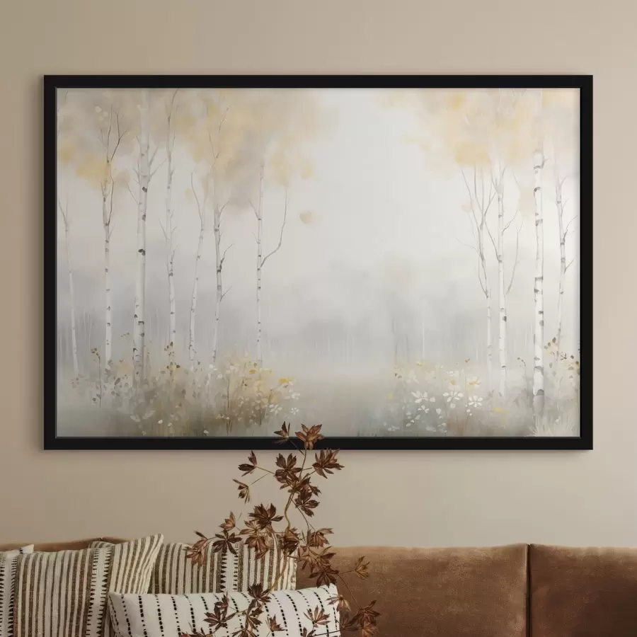 Fototapetes Mežs ar plāniem kokiem miglā, maigi gaiši toņi f48623